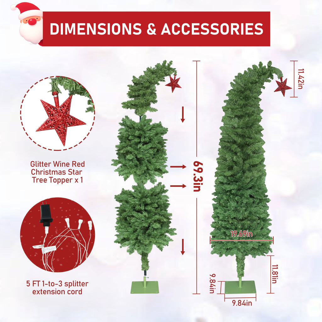VEIKOUS 6ft Christmas Tree Crooked Neck with Topper, Prelit Xmas Tree with 200 LED Lights & 536 Branch Tips, Bendable Top Christmas Slim Tree for Holiday Decor, Green