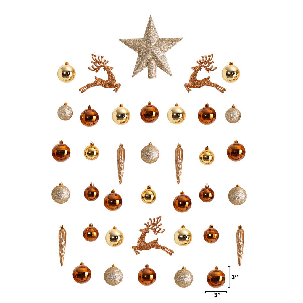 Nearly Natural Gold Plastic Holiday Christmas Lux Shatterproof Ornament Set, 40 Count