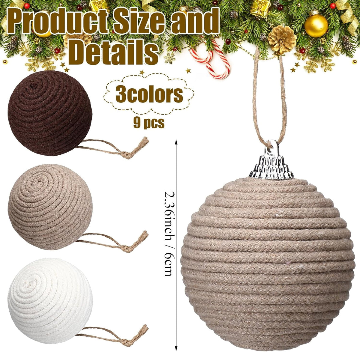 9Pcs 9 Pcs 2.36 Inch Christmas Ball Ornaments Farmhouse Jute Rope Hanging Balls Burlap Neutral Rustic Ornaments for Xmas Tree Holiday Wreath Garland Wedding Home(White,Beige,Dark Brown)