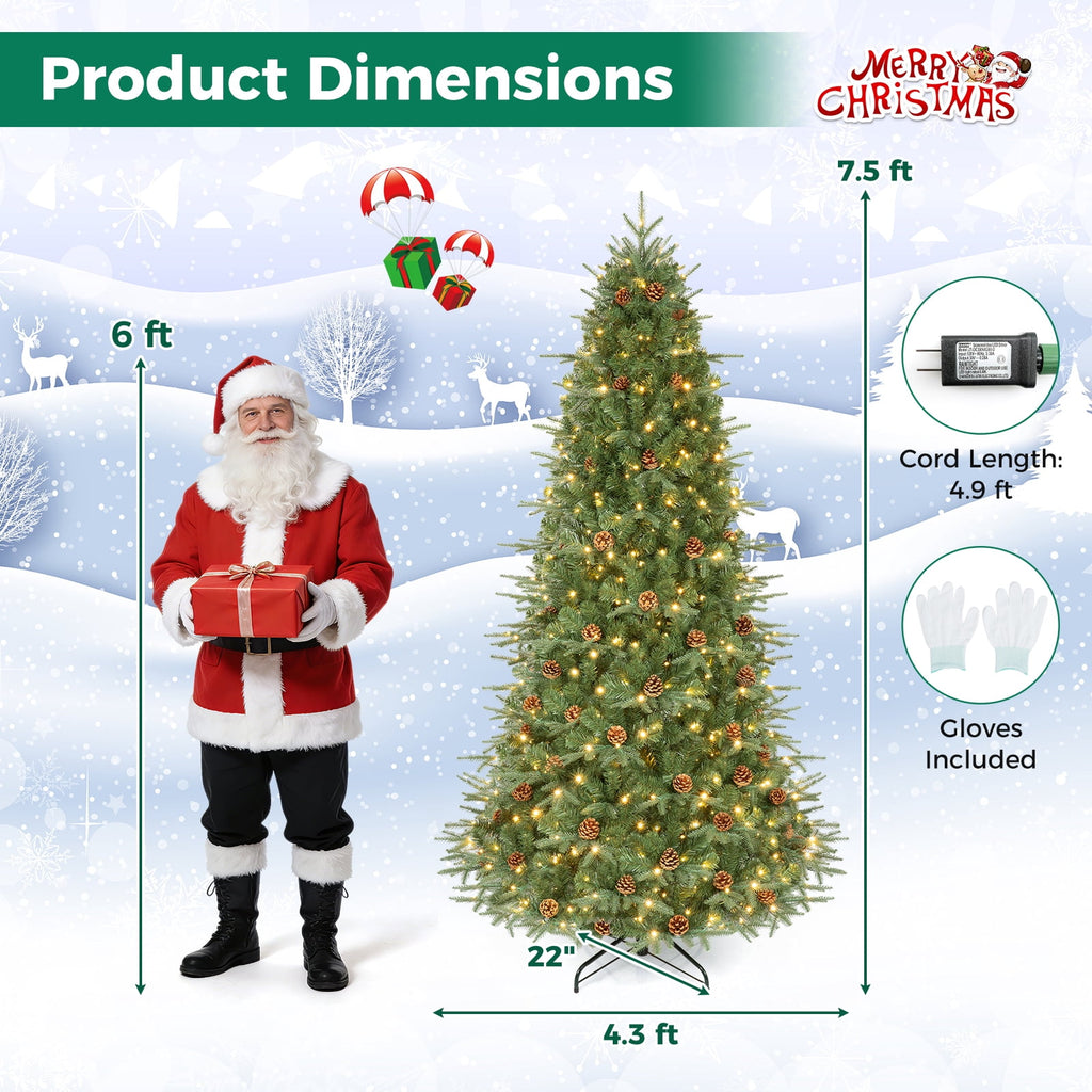 Gymax 7.5 FT Pre-Lit Artificial Christmas Tree, Realistic Xmas Tree w/ 540 Warm White LED Lights 1125 Dense Branch Tips