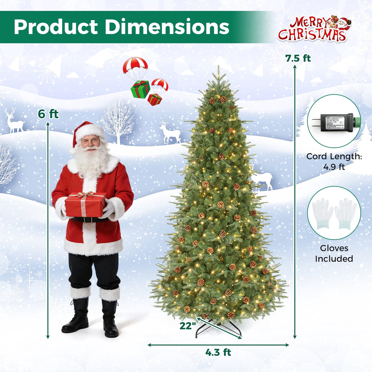 Gymax 7.5 FT Pre-Lit Artificial Christmas Tree, Realistic Xmas Tree w/ 540 Warm White LED Lights 1125 Dense Branch Tips