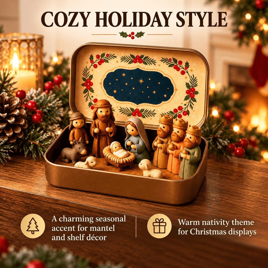Christmas Nativity Scene in a Tin Mini Manger Scene Portable Tin Box Tabletop Decor for Mantel Shelf Fireplace Desk Holiday Decoration
