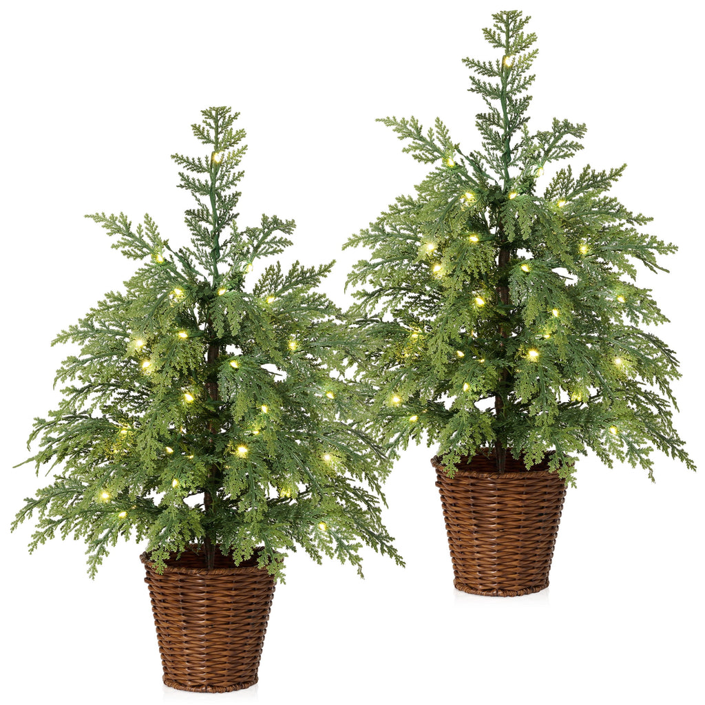 DR.Planzen 24" Pre-Lit Green Cypress Artificial Christmas Tree with 30 Warm White LED Lights, Mini Tabletop Xmas Tree in Woven Basket Base, Indoor Holiday Decoration
