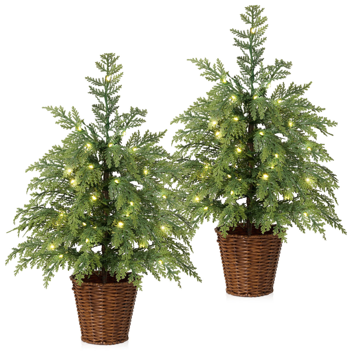 DR.Planzen 24" Pre-Lit Green Cypress Artificial Christmas Tree with 30 Warm White LED Lights, Mini Tabletop Xmas Tree in Woven Basket Base, Indoor Holiday Decoration