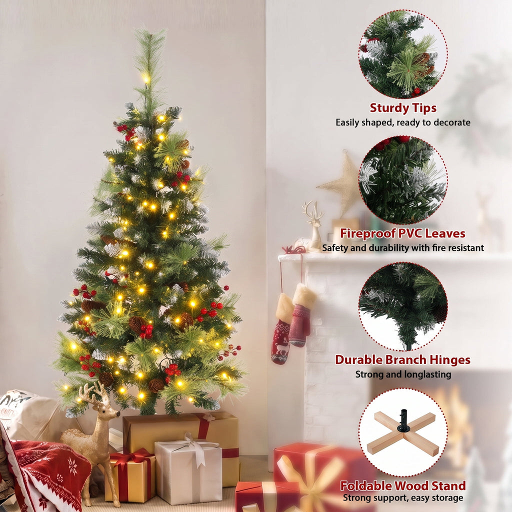 Funcid 6ft Artificial Christmas Tree with 8 Adjustable Light Flash Rate Modes, Decorated Xmas Tree with Pine Cones, Hinged Partially Flocked Christmas Tree with Foldable Metal Base