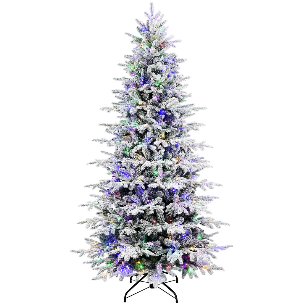 Makeatree 6 ft Prelit Snow Flocked Christmas Tree Frosted Artificial Xmas Tree with Multicolor Lights &1582PE PVC Tips, 9 Color Modes