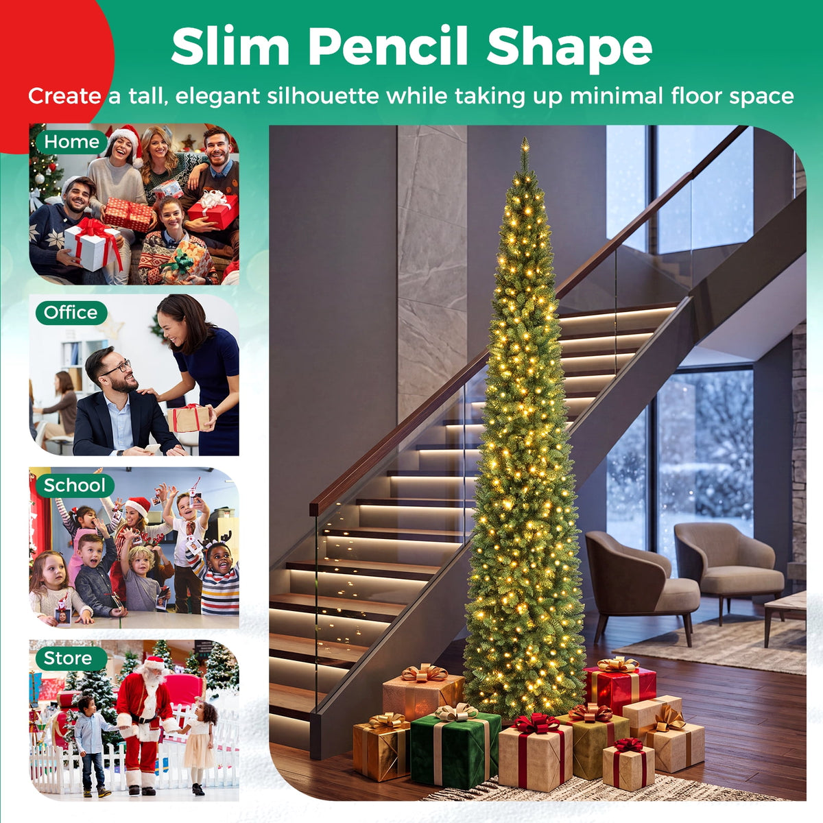 Gymax 9 FT Pre-Lit Artificial Christmas Tree Realistic Slim Pencil Xmas Tree