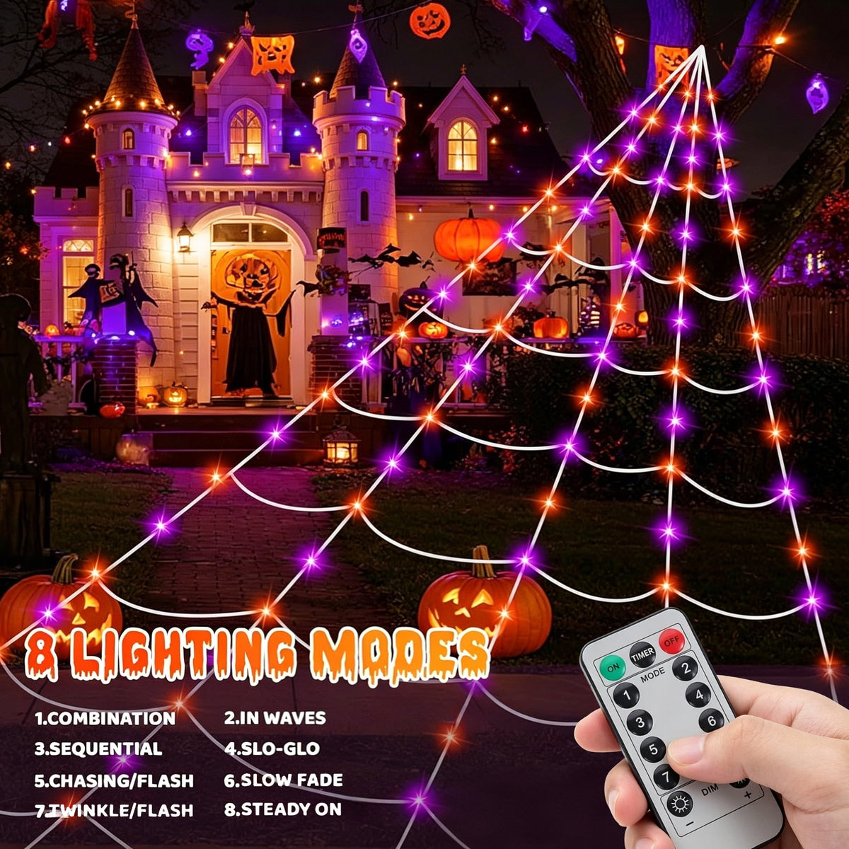 DAYBETTER Halloween Spider Web Lights, 250 LED Holiday Lighting, 15.7x16.4FT Waterproof Web Lights, Remote Control, for Indoor Outdoor Yard Garden Halloween Decor (Purple Light)