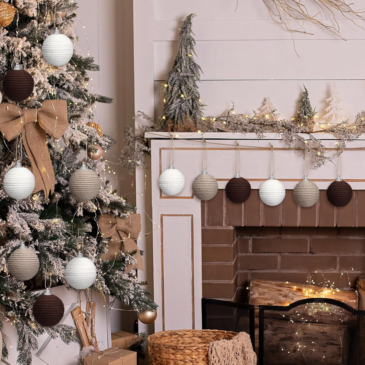 9Pcs 9 Pcs 2.36 Inch Christmas Ball Ornaments Farmhouse Jute Rope Hanging Balls Burlap Neutral Rustic Ornaments for Xmas Tree Holiday Wreath Garland Wedding Home(White,Beige,Dark Brown)
