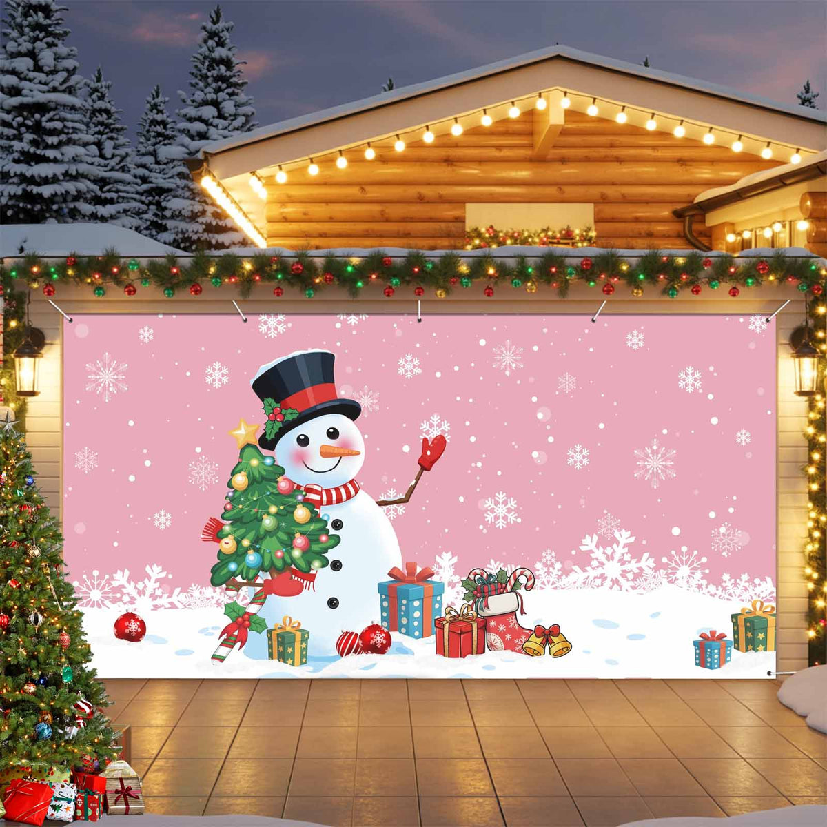 Fsddascl 7 x 16 Ft Christmas Garage Door Cover, Pink Snowman Christmas Large Garage Door Banner, Xmas Tree Snowflake Balls Gifts Hanging Garage Mural Background for Indoor Outdoor Xmas Party Supplies
