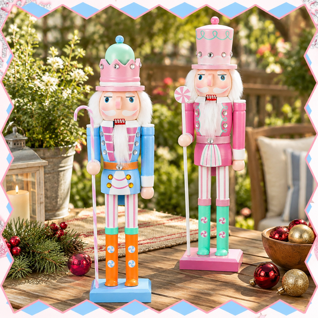 15'' Wooden Pastel Nutcracker Soldier Figures, Set of 2, Traditional Christmas Desktop Decor