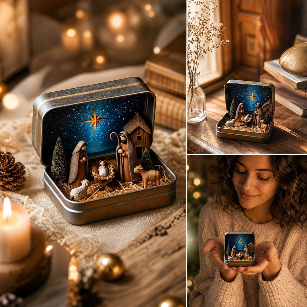 Mini Christmas Nativity Set In Tin Box Jesus Birth Scene Figurines Decoration for Tabletop Party Office Decor & Christian Holiday Gifts