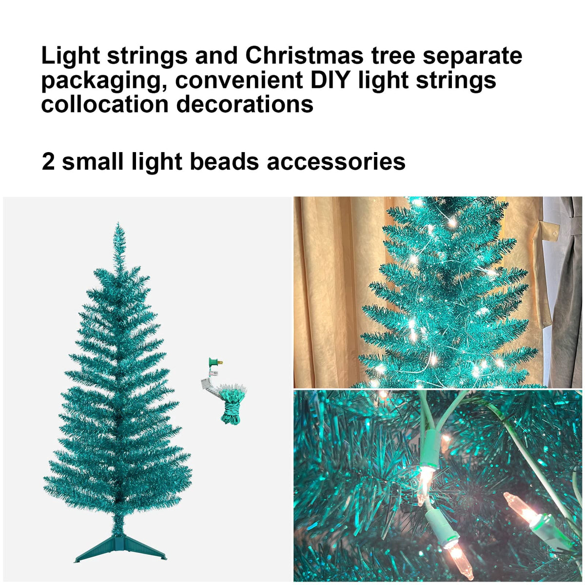 Bringstar 4FT Silver Artificial Christmas Tree with 50 String Lights, Mini Tinsel Tree, Not Pre-Lit, for Halloween & Holiday Home & Office Décor