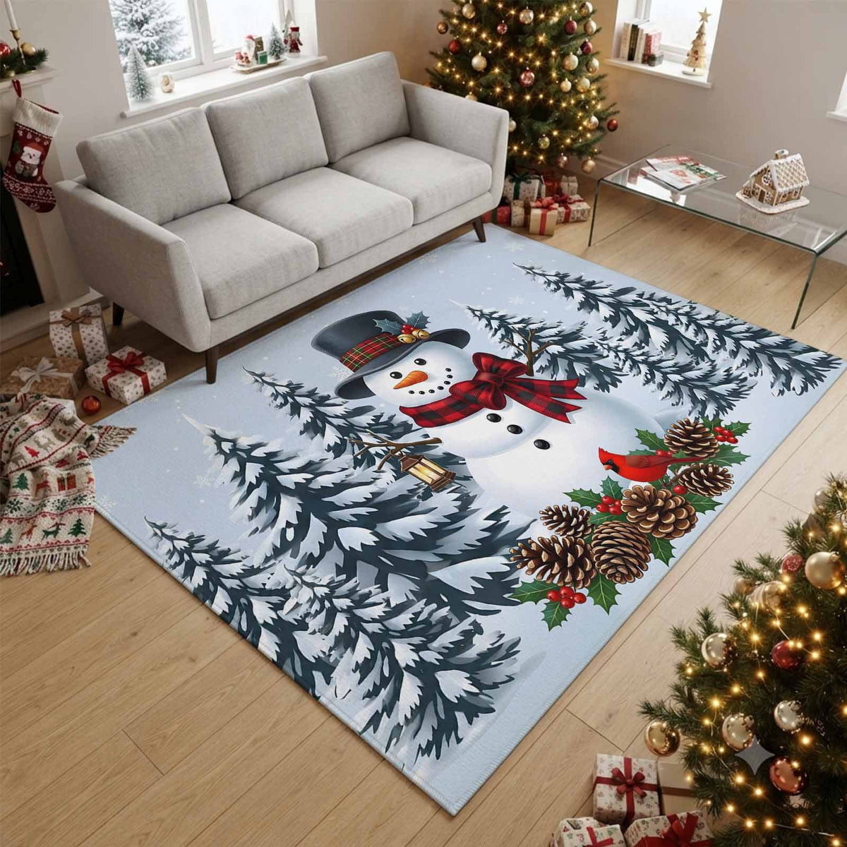 5x7 Area Rugs, Light Blue Snowman Christmas Non-Skid Rubber Backing Large Rectangle Rugs - Living Room Bedroom Home Office, Xmas Pinecone Tree Snowflake Indoor Floor Mat Carpets Washable Rug
