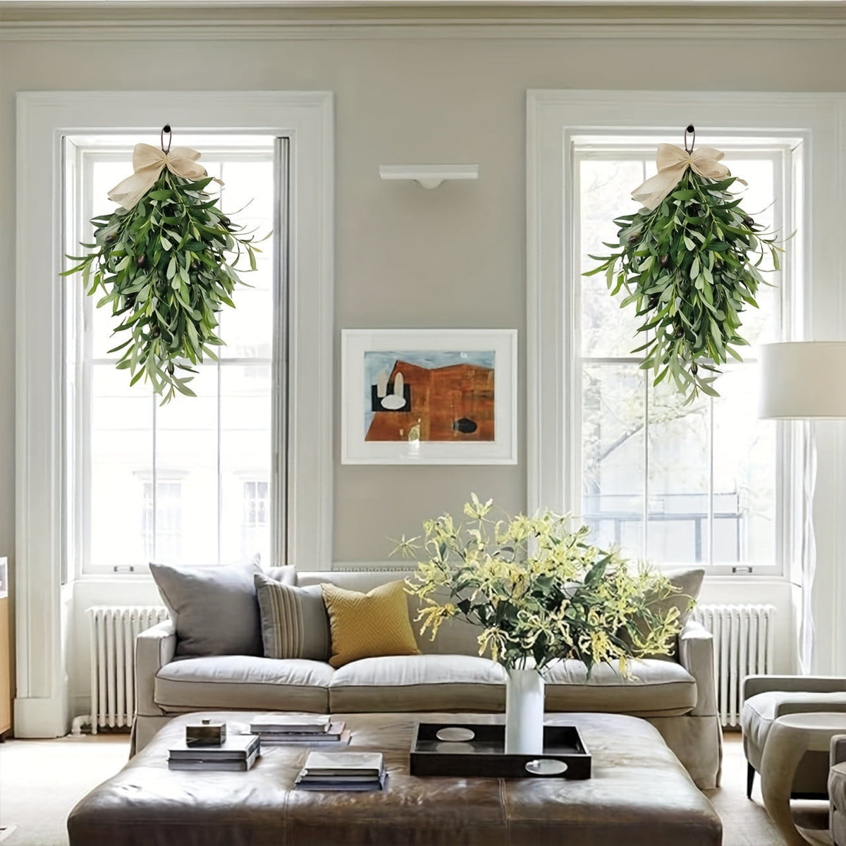 COM1950s 24 Inch Artificial Olive Wreath for Spring, Teardrop Hanging Floral Wreath with Burlap Bow for Front Door, Wall Decor, Indoor Outdoor Home Decoration
