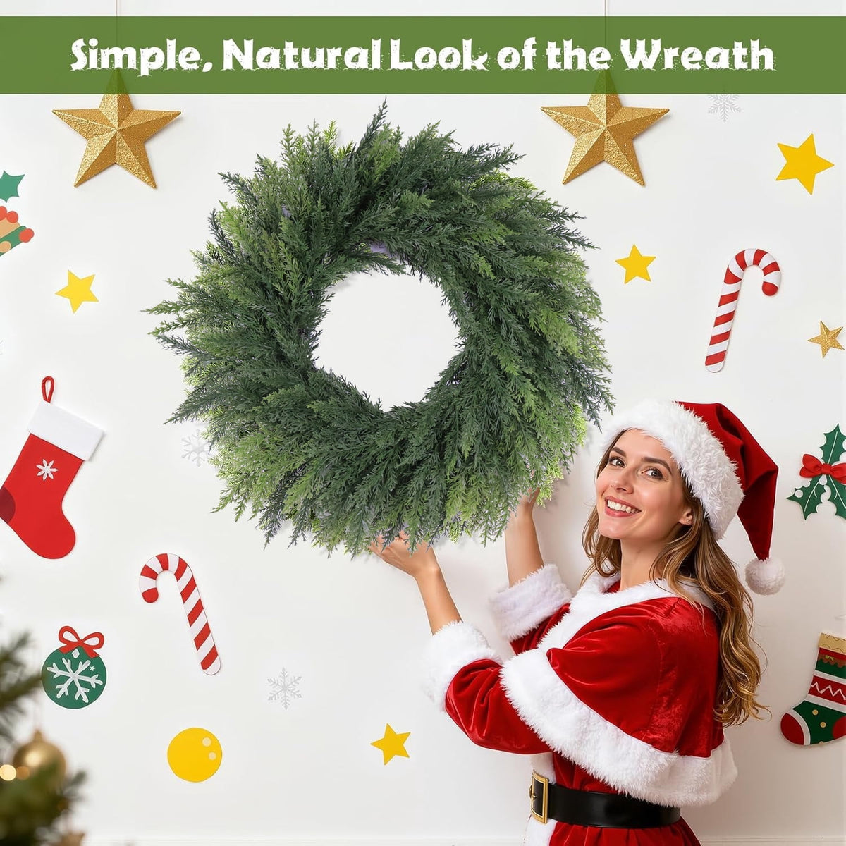 24 Inch Christmas Pine Cypress Wreath - Christmas Wreaths for Front Door, Real Touch Artificial Green Faux Xmas Wreaths for Home Indoor Outdoor Decor