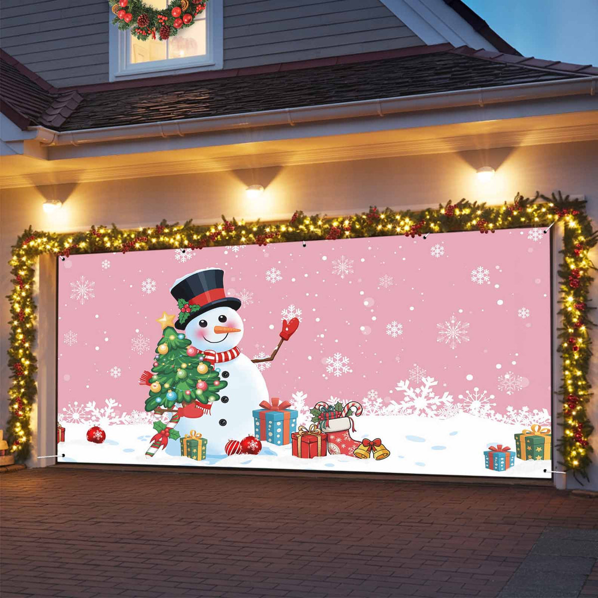 Fsddascl 7 x 16 Ft Christmas Garage Door Cover, Pink Snowman Christmas Large Garage Door Banner, Xmas Tree Snowflake Balls Gifts Hanging Garage Mural Background for Indoor Outdoor Xmas Party Supplies