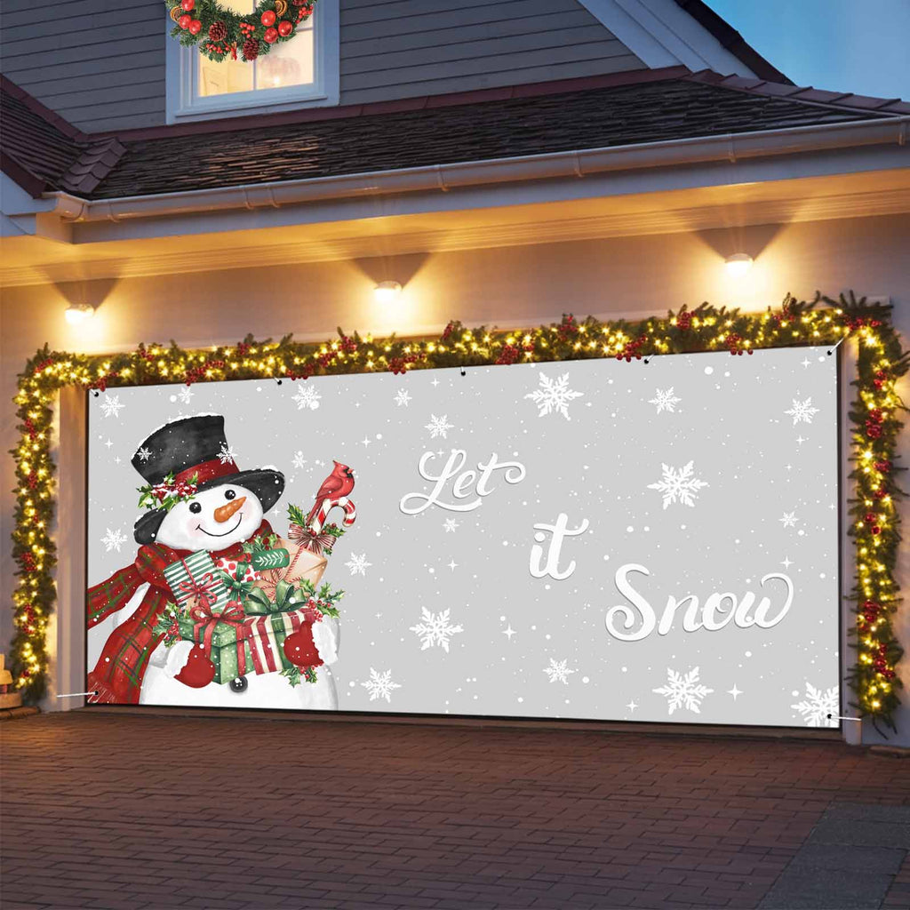 Fsddascl 7 x 16 Ft Christmas Garage Door Cover, Black Christmas Tree Large Garage Door Banner, Xmas Snowflake Green Golden Hanging Garage Mural Background for Indoor Outdoor Xmas Party Supplies