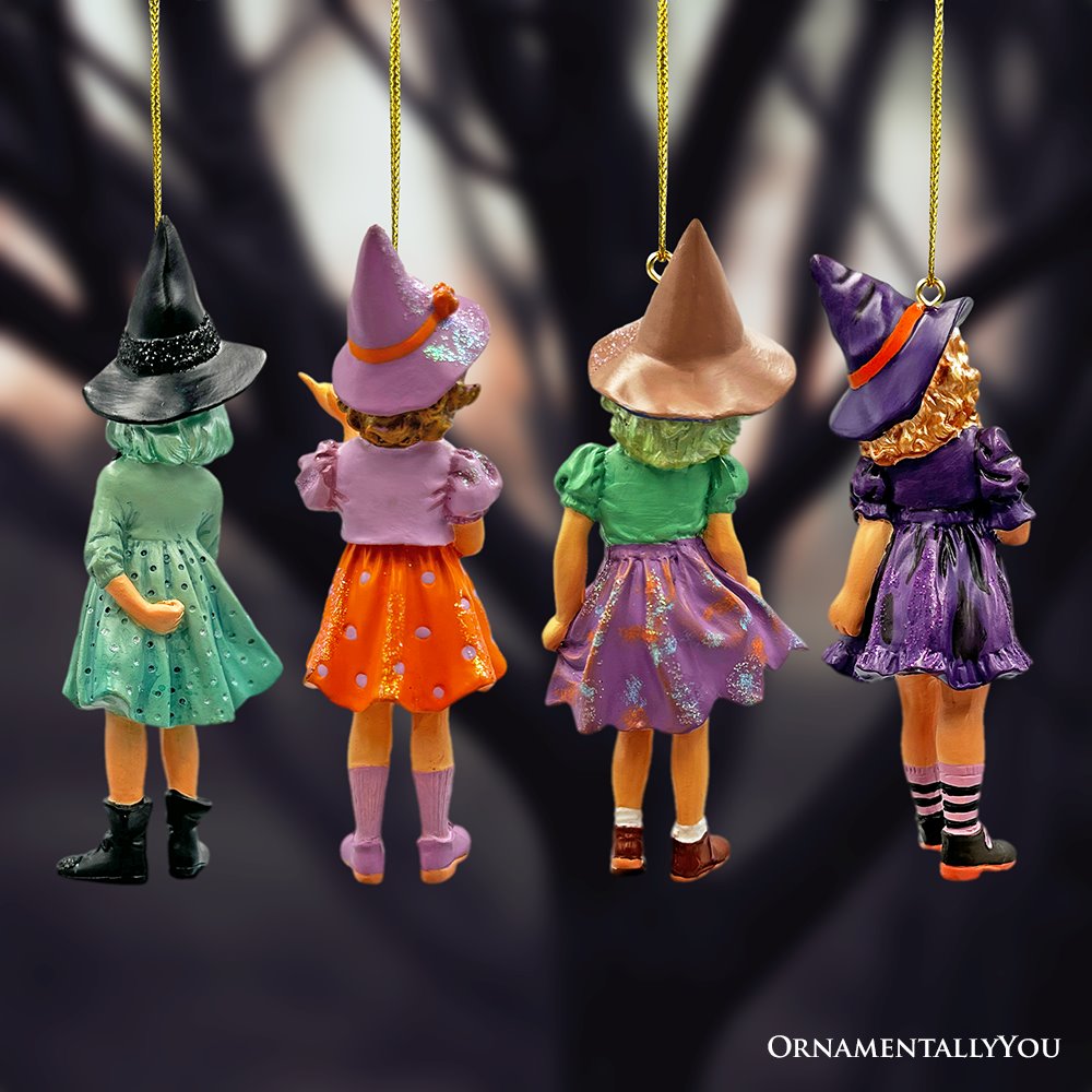 Classic Victorian Little Witch Girls Set of 4 Ornaments, Vintage Halloween Tree Resin Decoration