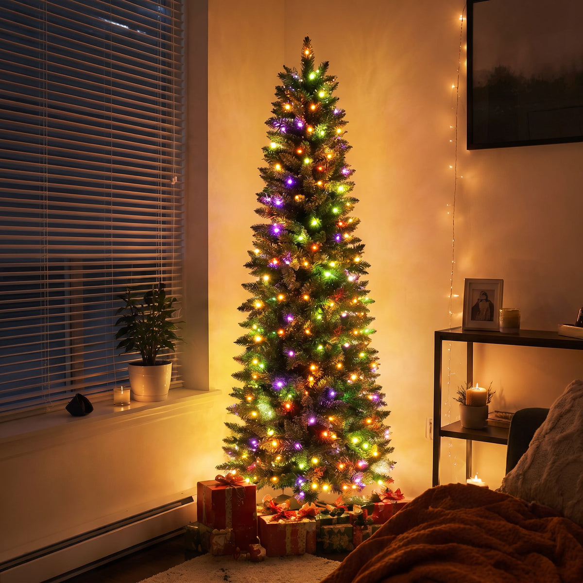 Legooin 6ft Pre-lit Slim Christmas Tree Skinny Hinged Artificial Xmas Tree with 250 Color-Changing Lights+957 Branch Tips