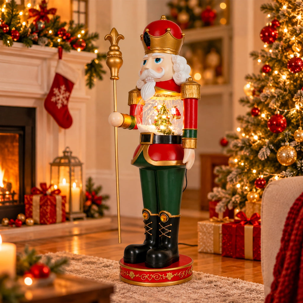 Large Christmas Nutcracker-Christmas Tree Autorotation Elk Santa Claus,King electric tabletop ornament, a sturdy wooden nutcracker King with snow global built-in rotating flying deer for home deco