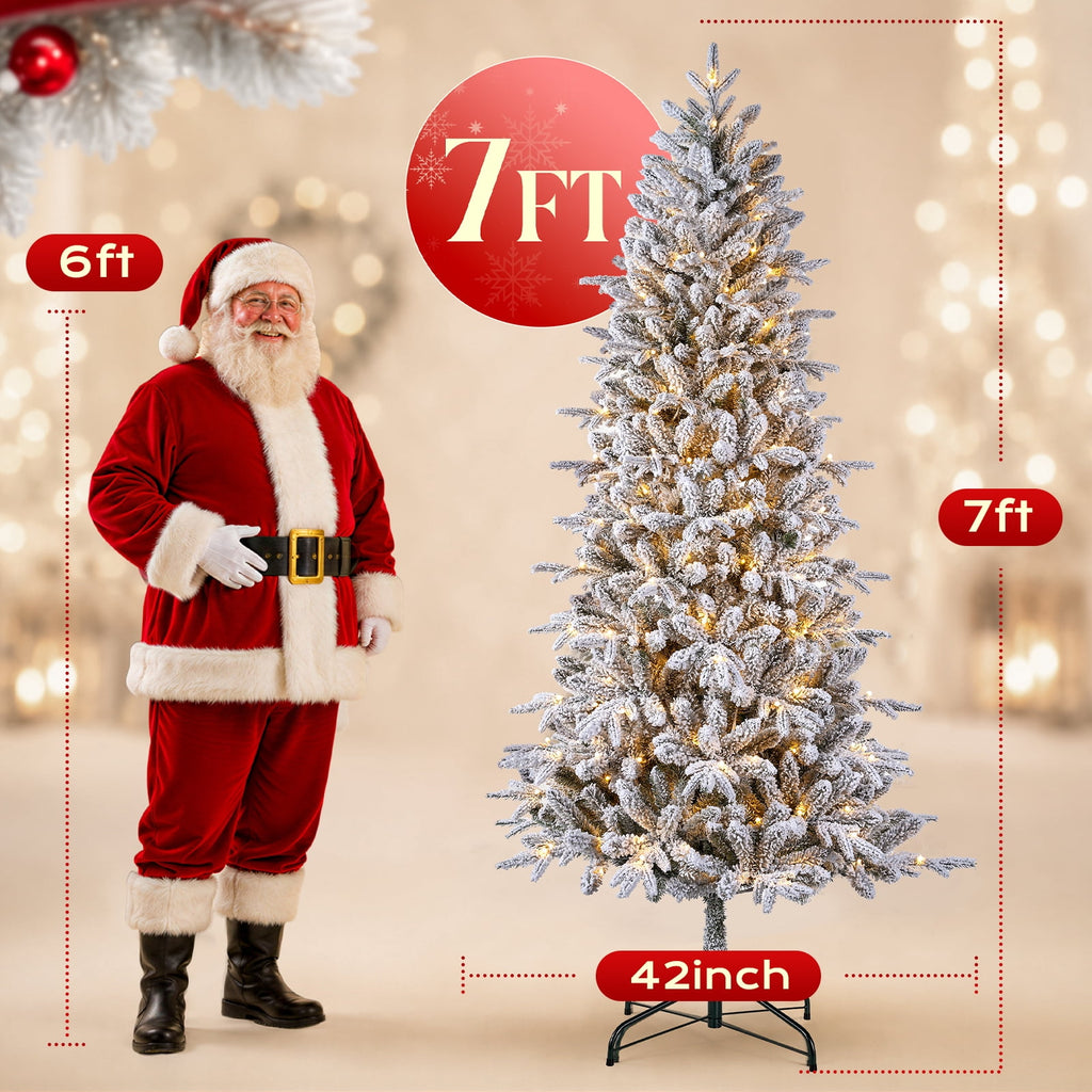 Goosiay 7FT Pre-Lit Flocked Fir Christmas Tree, 1060 PE & PVC Tips, 300 Warm White LED Lights, Snowy Hinged Artificial Christmas Tree for Living Room & Holiday Decor