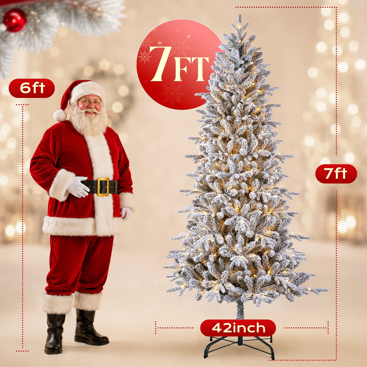 Goosiay 7FT Pre-Lit Flocked Fir Christmas Tree, 1060 PE & PVC Tips, 300 Warm White LED Lights, Snowy Hinged Artificial Christmas Tree for Living Room & Holiday Decor