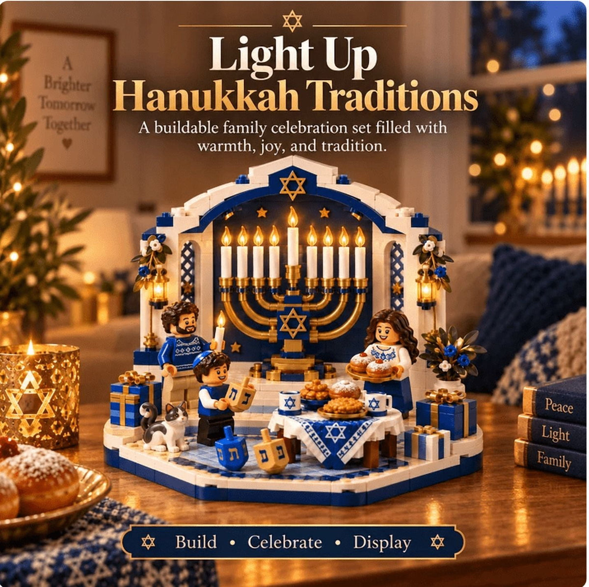 Hanukkah Family Light Building Block Display Set, Lighted Buildable Holiday Decor with Detailed Mini Figures, Seasonal Symbols and Tabletop Display Design, Hanukkah Family