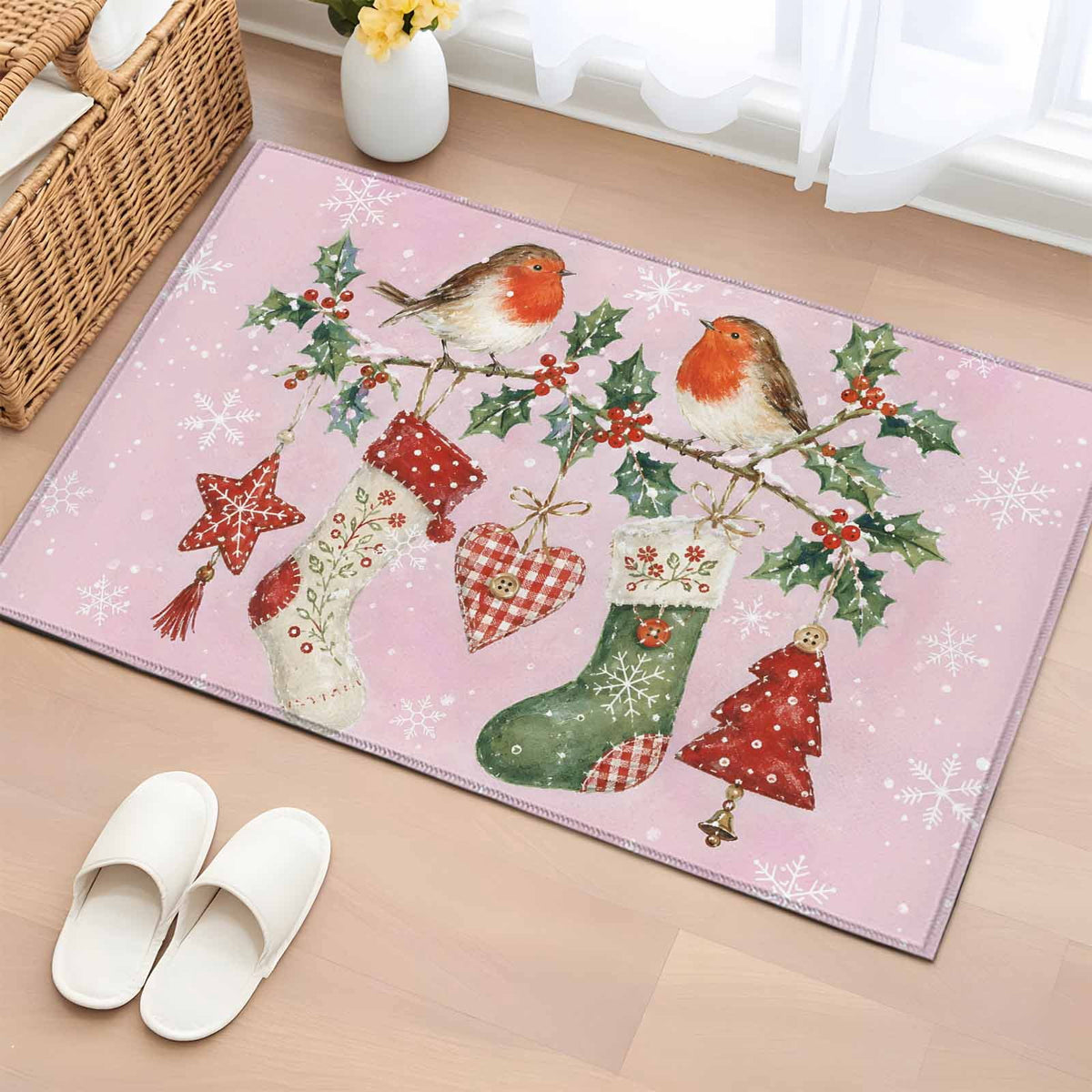 8x10 Area Rugs, Christmas Stocking Non-Skid Rubber Backing Large Rectangle Rugs - Living Room Bedroom Home Office, Winter Snowflake Berry Birds Xmas Indoor Floor Mat Carpets Washable Rug