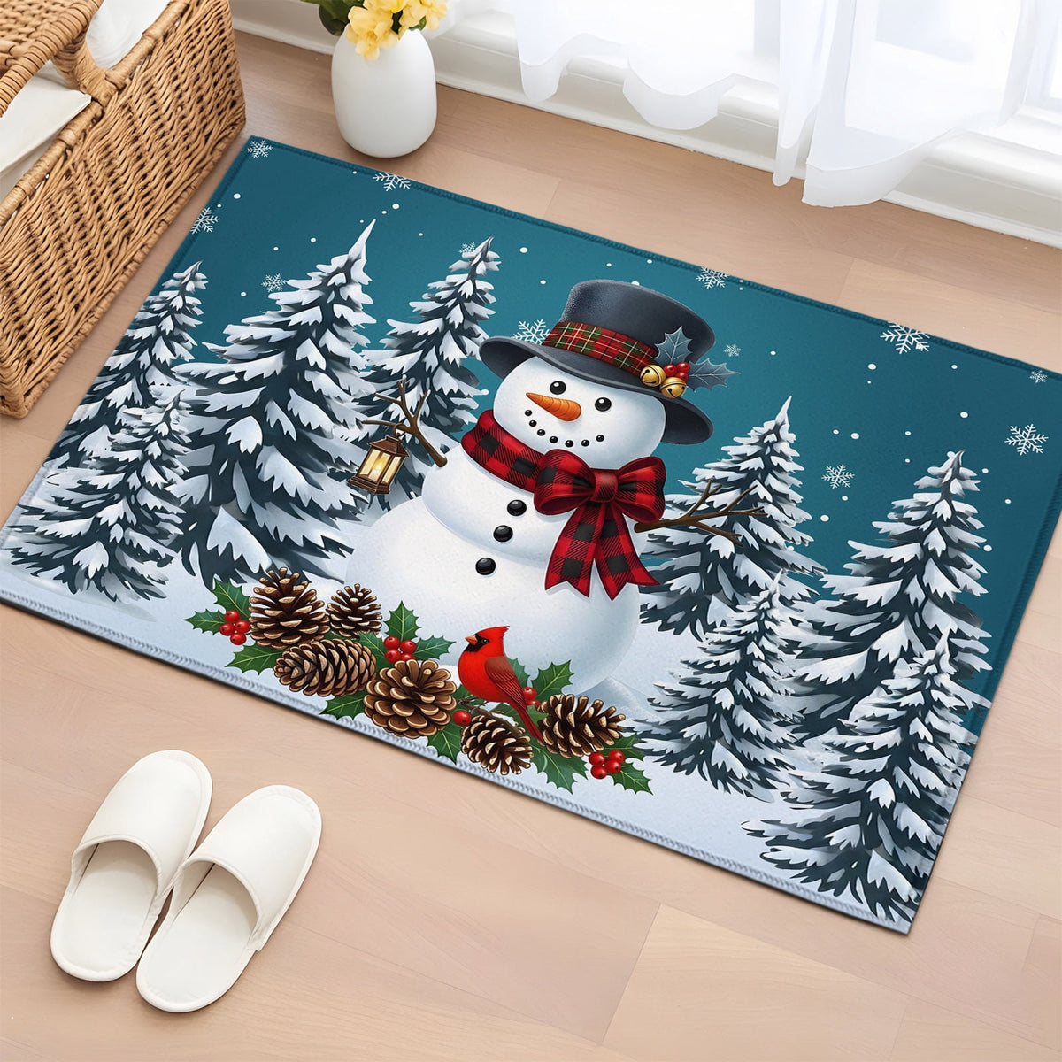 5x7 Area Rugs, Light Blue Snowman Christmas Non-Skid Rubber Backing Large Rectangle Rugs - Living Room Bedroom Home Office, Xmas Pinecone Tree Snowflake Indoor Floor Mat Carpets Washable Rug