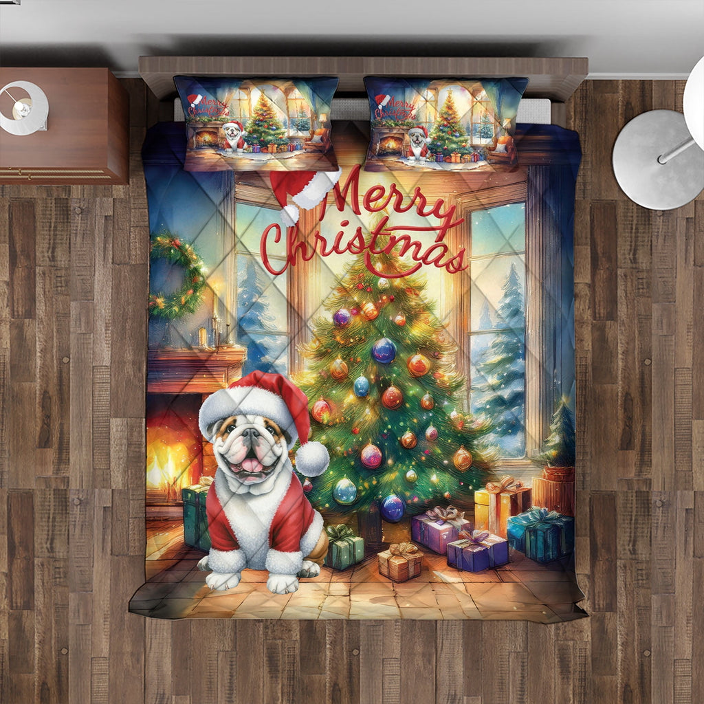 Merry Christmas French Bulldog Santa Hat Xmas Tree Winter Holiday Quilt Bedding Set Dog Lover Gifts 1 Blanket Bed Cover 2 Pillowcases - 01013