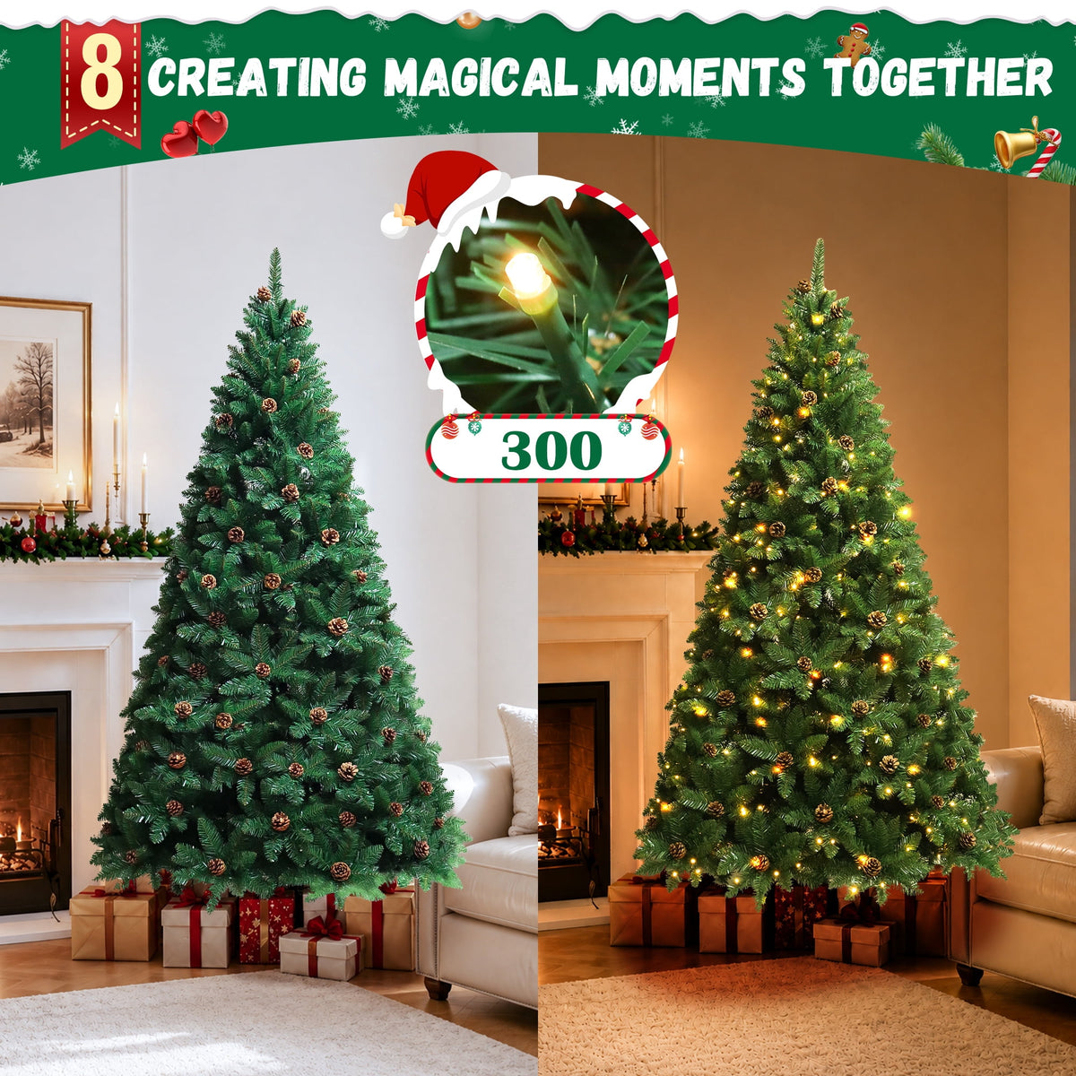 Yexmas 6FT Pre-Lit Green Christmas Tree with Pinecones, Artificial Xmas Tree with Large Storage Bag for Indoor Christmas Decorations