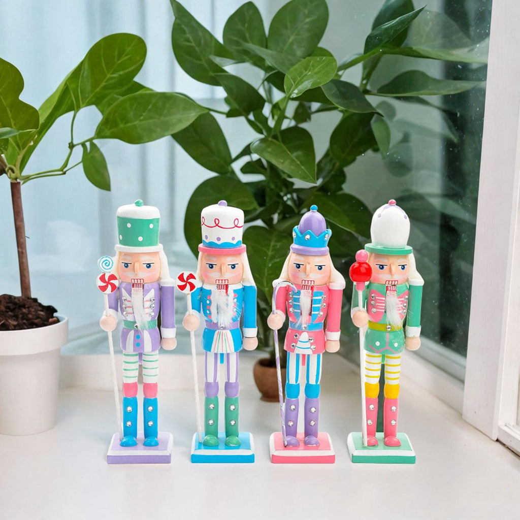 4 Pieces Christmas Nutcracker Ornaments Wooden Nutcracker Doll Decorative Statues Puppet for Shelves Home Decor Festival Xmas Gifts Holiday M