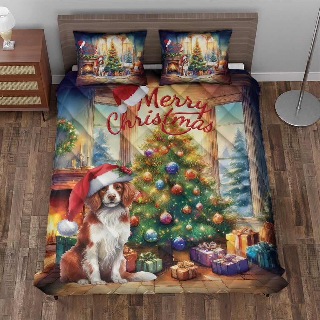 Merry Christmas French Bulldog Santa Hat Xmas Tree Winter Holiday Quilt Bedding Set Dog Lover Gifts 1 Blanket Bed Cover 2 Pillowcases - 01013