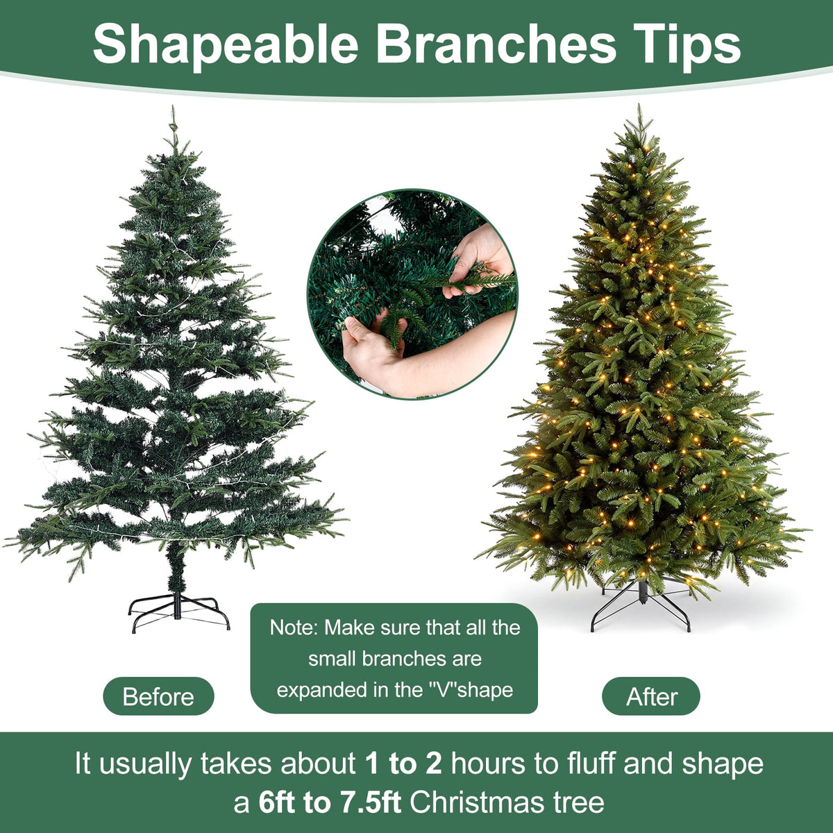 7ft Prelit Artificial Christmas Tree, 1300 PE/PVC Tips, Living Room Full Realistic Shape Spruce Xmas Tree with LED Lights, Foldable Metal Stand, Easy Assembly, for Home Office Holiday Decor