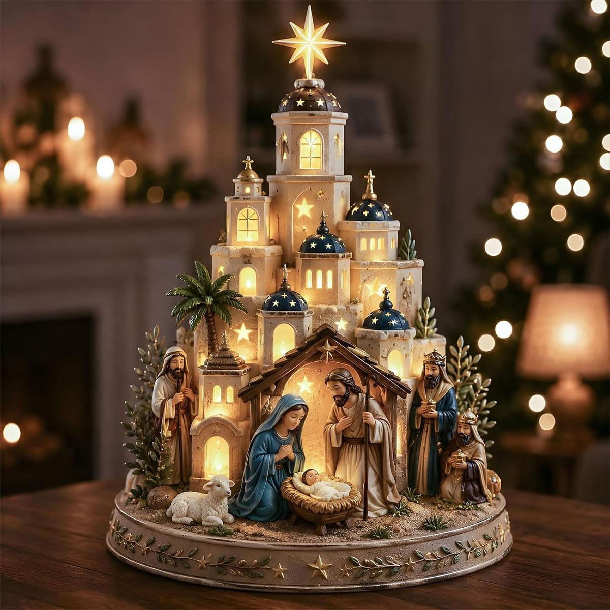 Nativity Set, Star of Bethlehem Lighted Nativity Scene with Church Tower, Manger Figures, Lighted Christmas Church Tabletop Decor