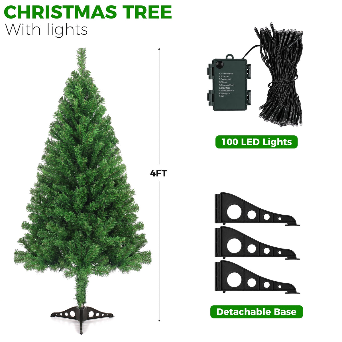 Leyaron Christmas Tree with Lights, 4FT Artificial Small Mini Christmas Tree Decorations for Indoor Holiday Xmas Home Decor, Green