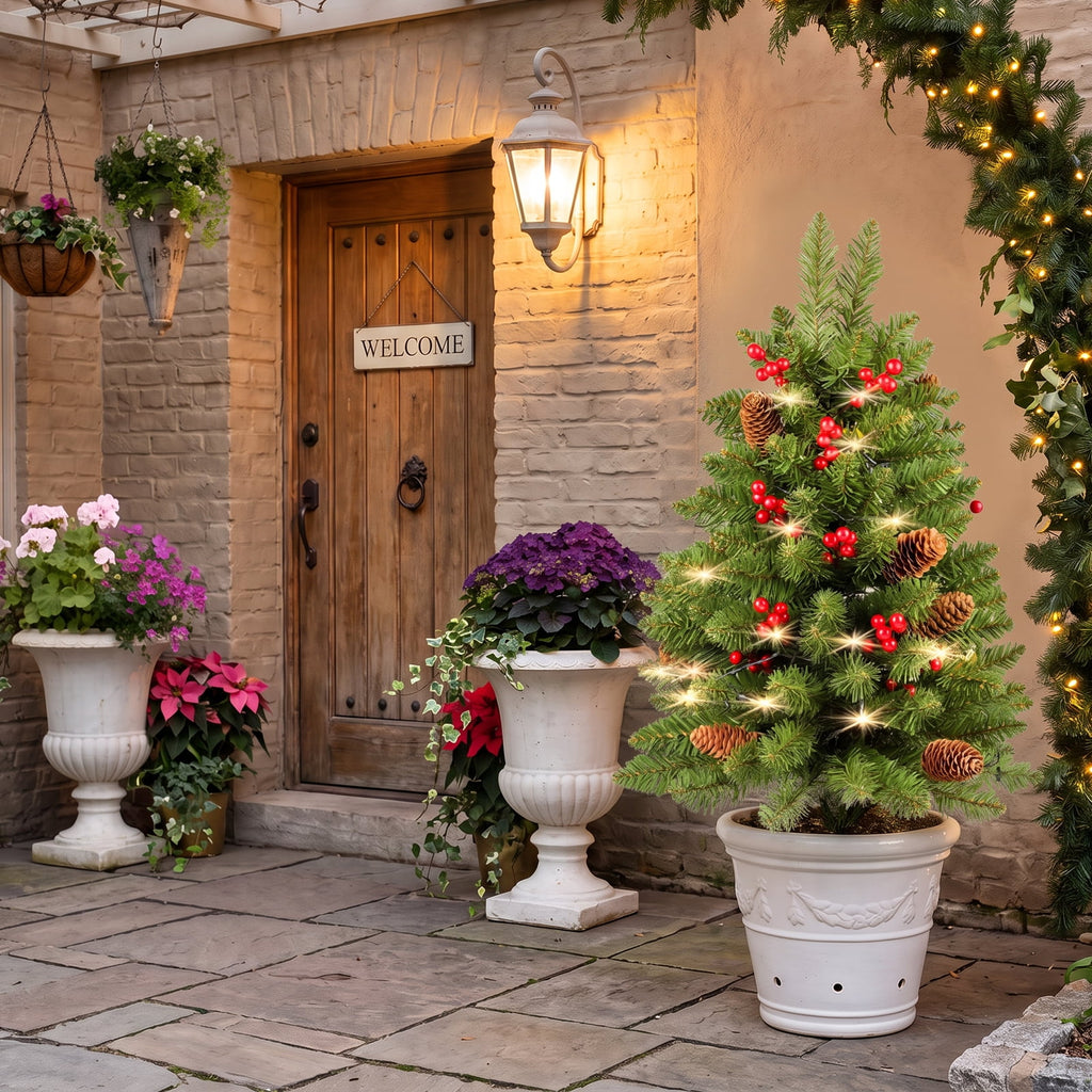 2 Pack 30 inch Prelit Outdoor Pathway Christmas Tree, Artificial Small Xmas Tree with Dual Color Berries & Balls, 30 Battery Operated Warm Lights for Holiday New Year Winter Patio Driveway Yard Lawn
