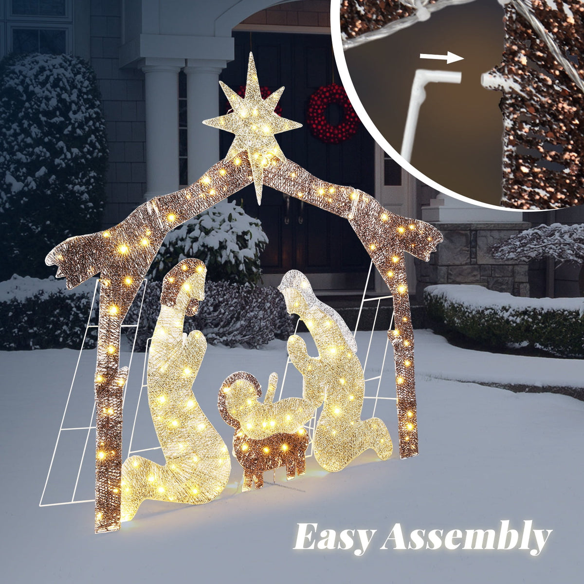 iCapeson 6ft Lighted Outdoor Nativity Scene with Brown Roof, 190 LED Lights Holy Family Yard Decoration for Christmas, Includes Mary, Joseph, Jesus Figure