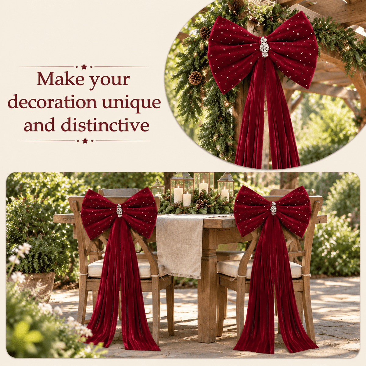 79x20 Inch Oversized Christmas Tree Topper Bow Burgundy Rhinestone Decor