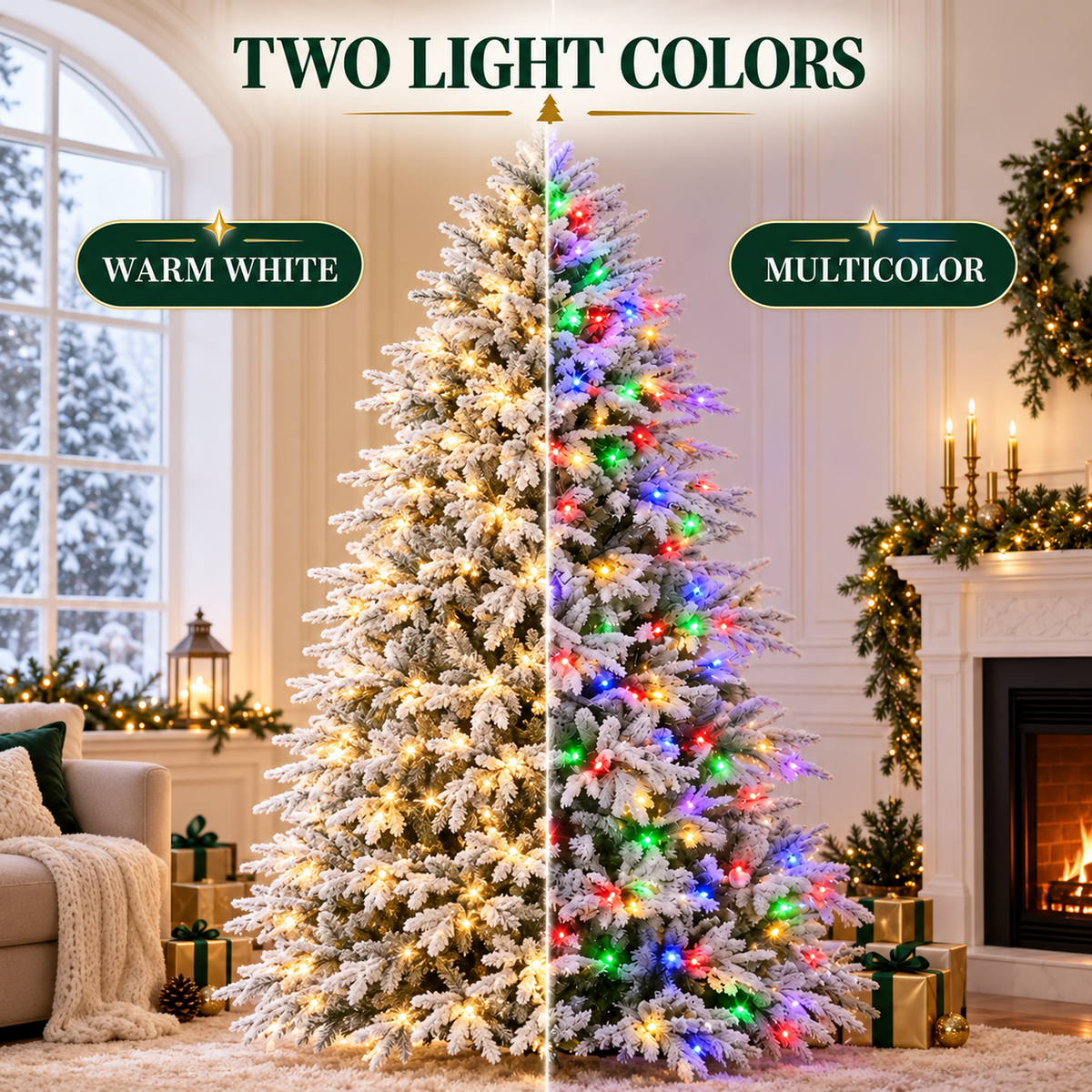 Vebreda 6ft Pre-Lit Flocked Artificial Aspen Noble Fir Christmas Tree with 1,350 Branch Tips & 300 LED Lights, Hinged Artificial Holiday Tree with Metal Stand