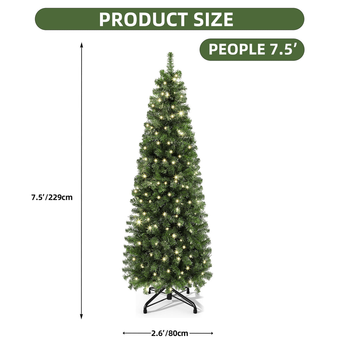Uforic 7.5ft Pre-lit Artificial Pencil Christmas Tree with 1000 Branch Tips & 350 Lights, Remote Control, 11 Light Modes, Green