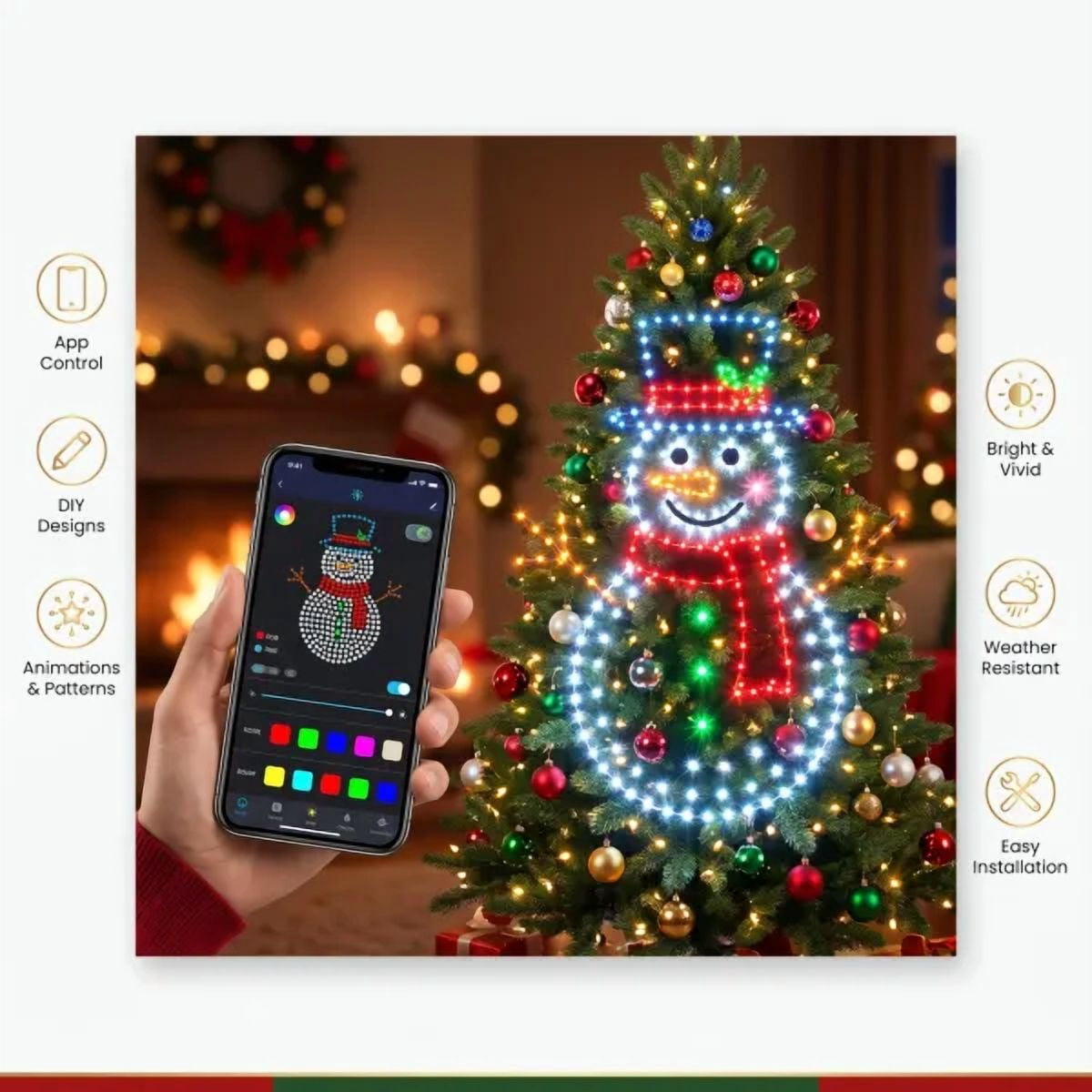 Smart Christmas Tree Lights with App Control,DIY Animation and Music Sync Effects,Festive LED Light Show for Holiday Tree Display