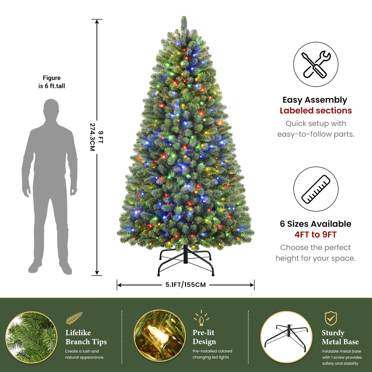 Lolsea 4.5ft Prelit Artificial Christmas Tree w/ Remote Control and Warm White & Color Changing Lights