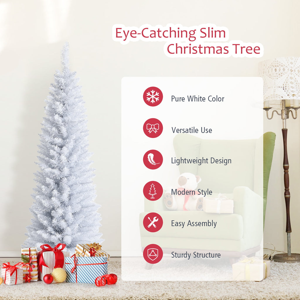 Costway 6ft Unlit Artificial Slim Pencil Christmas Tree with Metal Stand White