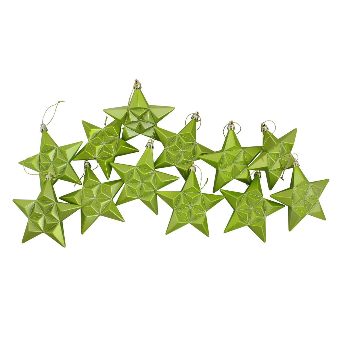 12ct Matte Green Kiwi Glittered Star Shatterproof Christmas Ornaments 5"