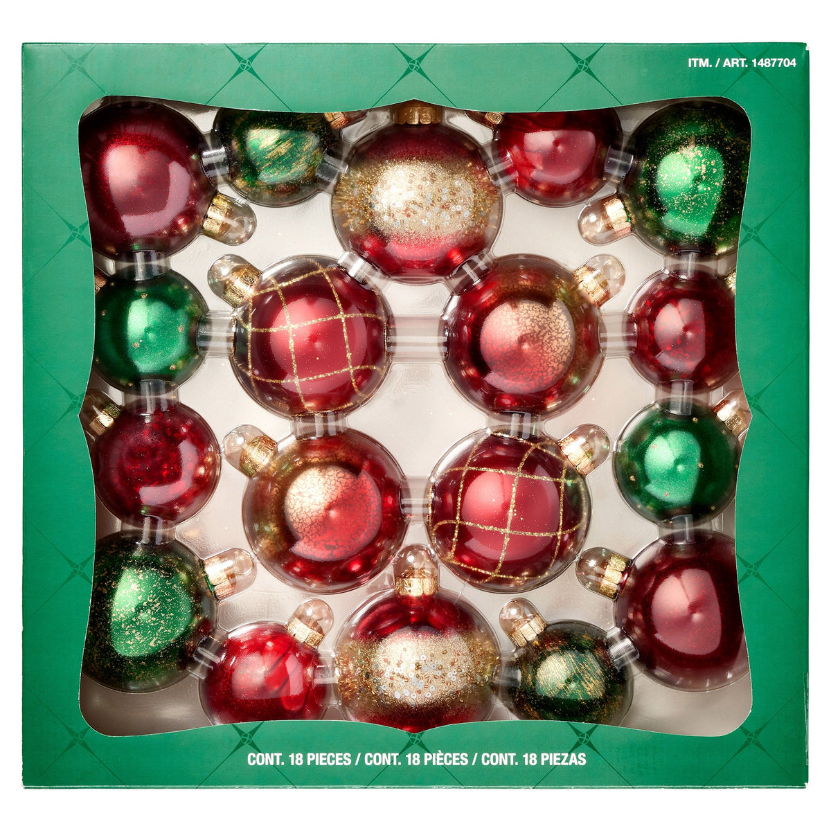 3.5" Assorted Glass Christmas Ornaments Set Of 18 1784830, Green/Red/Gold