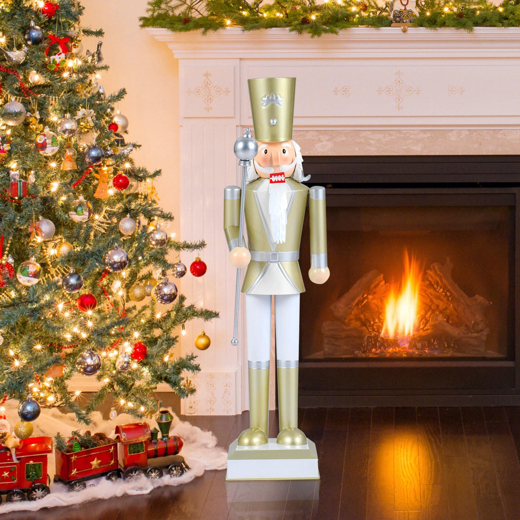 32.5 Inch Christmas Nutcracker Figure With High Hat and Scepter, White and Golden Holiday Home Decor