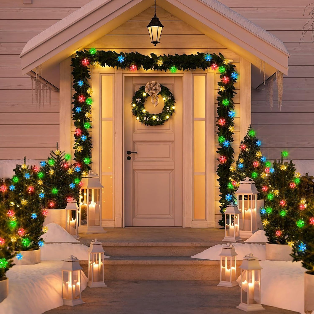 Fohil Solar Christmas Snowflake String Lights Outdoor Waterproof 100 LED Multicolor 8 Mode 39 ft for Christmas Tree Garden Fence Yard Decoration