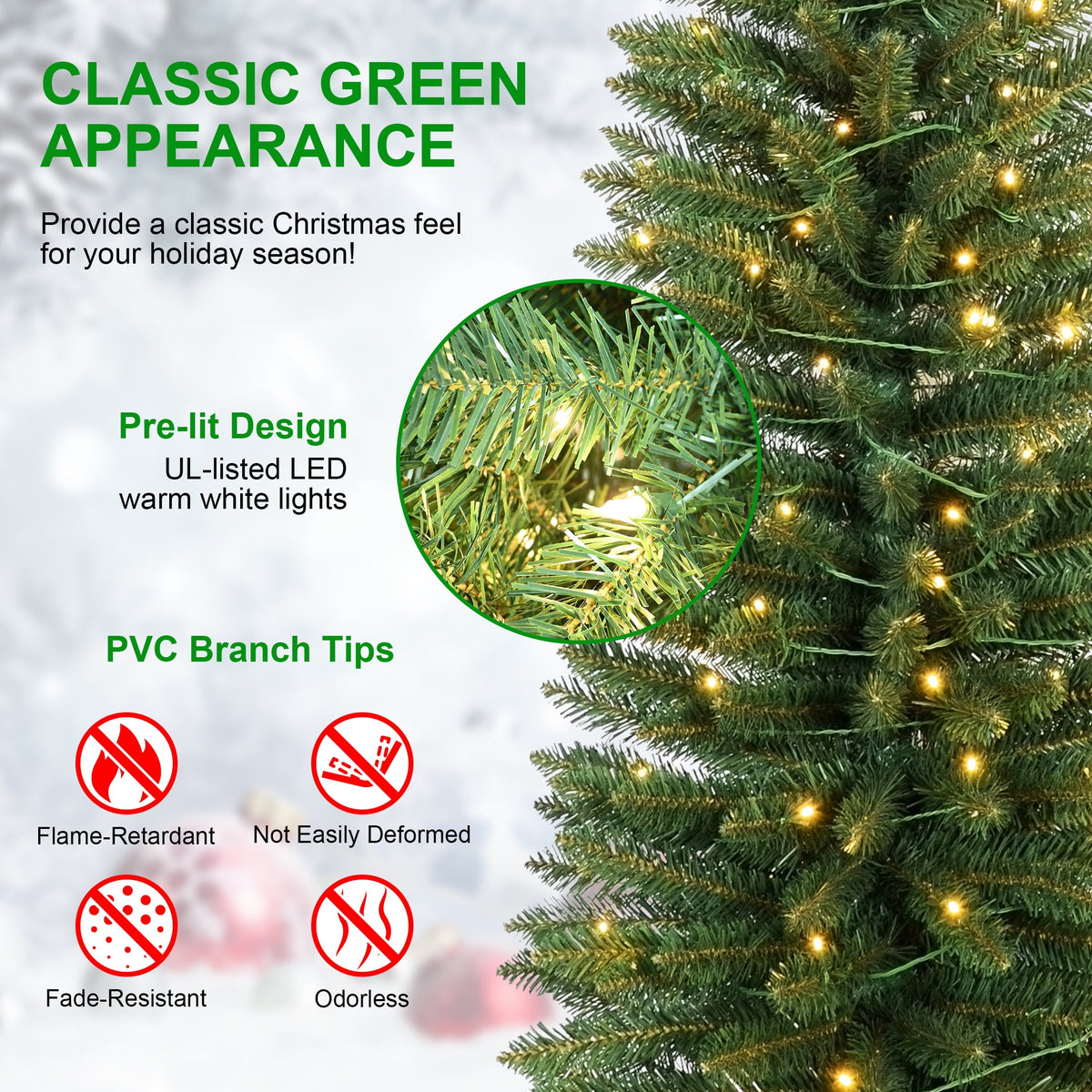 Bringstar 6FT Pre-Lit Pencil Christmas Tree,Green Artificial Xmas Trees, 150 LED Warm White Lights